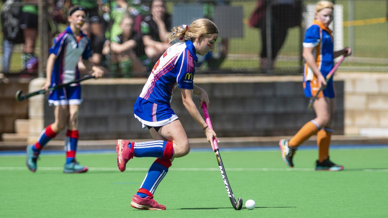 Lily Malone on the move for Rangeville against Newtown in J2 girls grand final hockey at Clyde Park, Saturday, September 10, 2022. Picture: Kevin Farmer