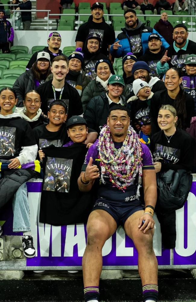 Lazarus Vaalepu celebrates his NRL debut with family and friends. Picture: Melbourne Storm Instagram.