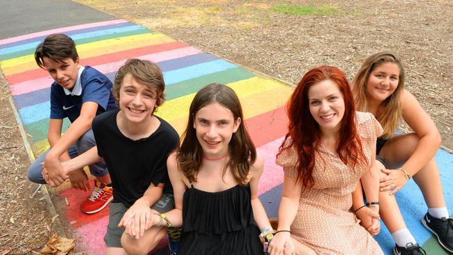 North Fitzroy High School is a member of the Safe Schools Coalition, in an attempt to be a safe and supportive school for same sex attracted, intersex and gender-diverse students and teachers and families. Teacher Bronwyn Lewis has started up the Pride Group at the school.second from right Students Joel,14, Jack,14 Dash,14 and Delphi, 14. Pictures:Angie Basdekis