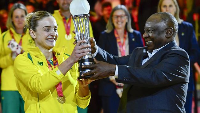 CAPE TOWN, SOUTH AFRICA - AUGUST 06: Liz Watson of Australia with The president of South Africa, Cyril Ramaphosa during the Netball World Cup Medal Presentation at Cape Town International Convention Centre, Court 1 on August 06, 2023 in Cape Town, South Africa. (Photo by Ashley Vlotman/Gallo Images/Netball World Cup 2023 via Getty Images)