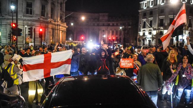 Pro-Brexit supporters block traffic in Trafalgar Square on Friday local time as MPs voted on the latest Brexit measure. Picture: Peter Summers/Getty Images