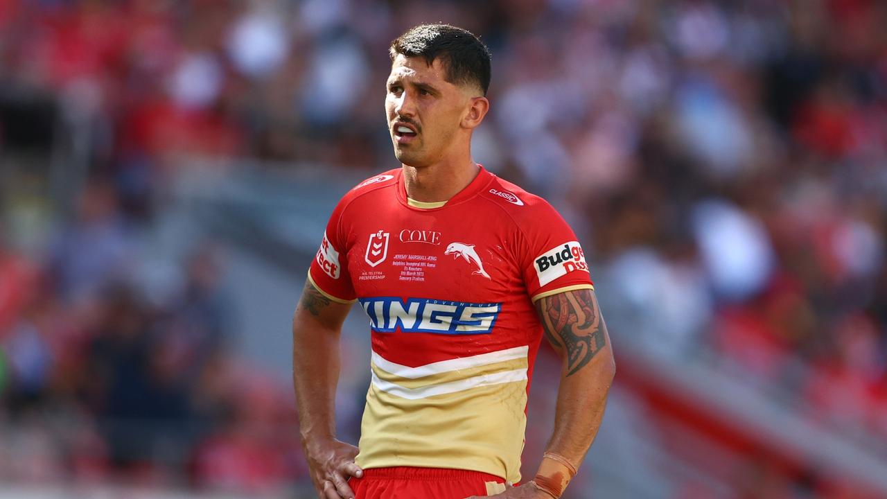 BRISBANE, AUSTRALIA - MARCH 05: Jeremy Marshall-King of the Dolphins looks on during the round one NRL match between the Dolphins and Sydney Roosters at Suncorp Stadium on March 05, 2023 in Brisbane, Australia. (Photo by Chris Hyde/Getty Images)