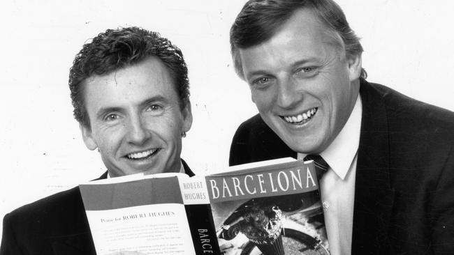 Bruce McAvaney and Sandy Roberts ham it up ahead of the 1992 Barcelona Olympic Games.