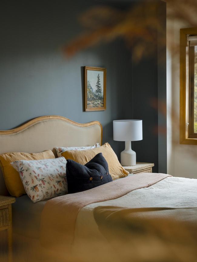 The upstairs master bedroom at Orchards Nest, complete with luxe linens and a pillowy soft bed, Picture: Mark Allan Photography