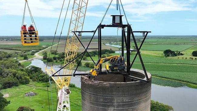 Demolition of the first concrete stack at Kalamia Mill involving a Brokk demolition robot began in late December 2024. Wilmar’s General Manager Engineering Istvan Torok said the project reflected the company’s commitment to safety, innovation, and regional investment. Picture: Supplied
