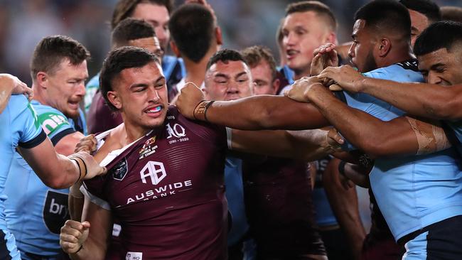 There’s history between Wednesday night’s Origin pugilists Tino Fa'asuamaleaui and Payne Haas. Picture: Mark Kolbe/Getty Images