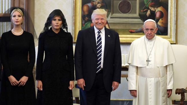 Pope Francis poses with US President Donald Trump, Melania Trump and Ivanka Trump at the end of a private audience at the Vatican. US President Donald Trump met Pope Francis at the Vatican today in a keenly-anticipated first face-to-face encounter between two world leaders who have clashed repeatedly on several issues. And so the Adams family jokes began … Picture: AFP