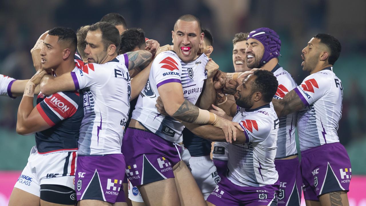 Siosiua Taukeiaho of the Roosters and Nelson Asofa-Solomona of the Storm are sin binned after this incident during the NRL Preliminary Final match between the Sydney Roosters and Melbourne Storm at the SCG in Sydney, Saturday, September 28, 2019. (AAP Image/Craig Golding) NO ARCHIVING, EDITORIAL USE ONLY