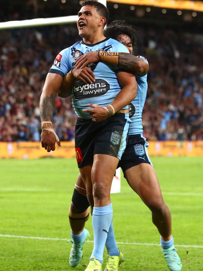 Latrell Mitchell and Brian To’o celebrate. Picture: Getty Images