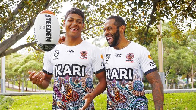 Selwyn Cobbo shares a laugh with Indigenous All Stars captain Josh Addo-Carr. Picture: Sam Ruttyn