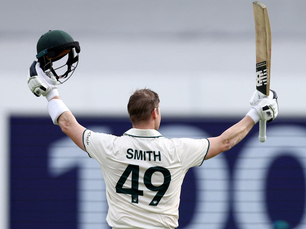 Steve Smith celebrates reaching his century. Picture: AFP