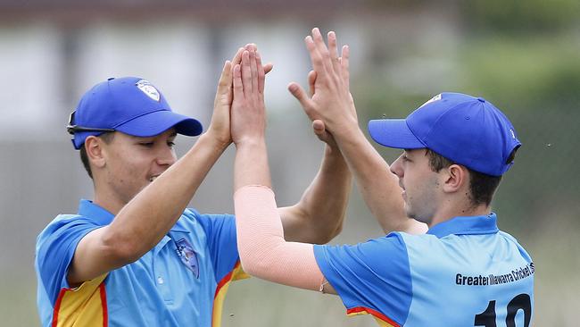 Angus Campbell and Josh Garneo celebrate a wicket. Picture: John Appleyard