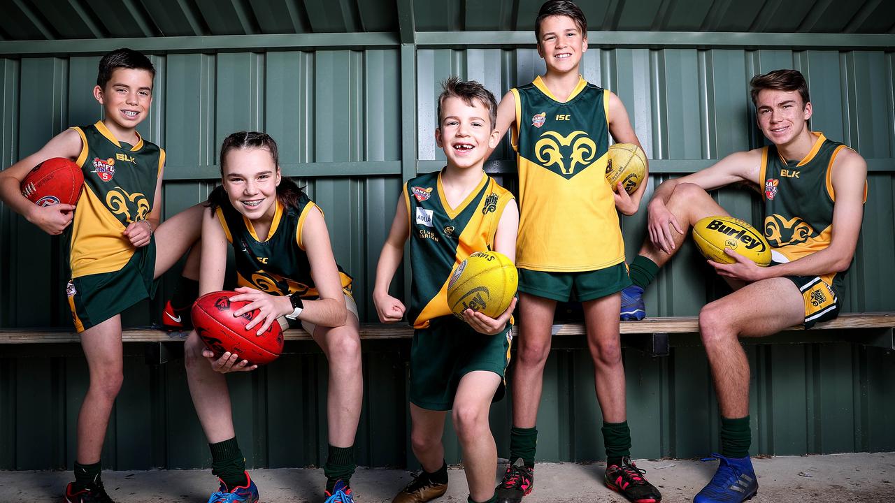 Family of Footballers - Wednesday, 15th July, 2020. Five Children from the one family play footy for Marion Football Club - which means their parents have 5 matches to they have to drive to and attend. The Elkins children - Linkin 10yrs, Cailin 13yrs, Fallon 6yrs, Madden 11yrs and Hudson 16yrs. Picture: Sarah Reed