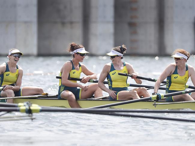 Aussies Lucy Stephan, Rosemary Popa, Jessica Morrison and Annabelle McIntyre won gold in the final of the women's four. Picture: Alex Coppel