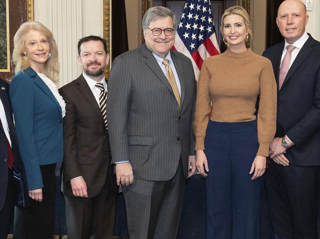 White House counsellor Kellyanne Conway, Assistant to the President and Director of the Domestic Policy Council Joe Grogan, Attorney-General William Barr, White House Senior Adviser Ivanka Trump, Australian Home Affairs Minister Peter Dutton. Picture: AP