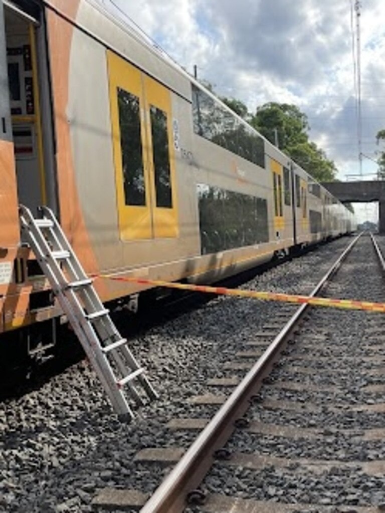 The stranded train during evacuation.