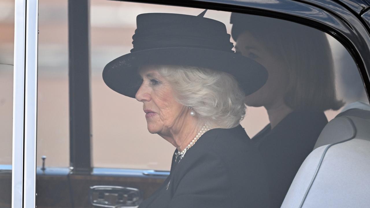 Camilla, Queen Consort, is seen arriving at Buckingham Palace ahead of the procession for the Lying-in State of Queen Elizabeth II. (Photo by Leon Neal/Getty Images)