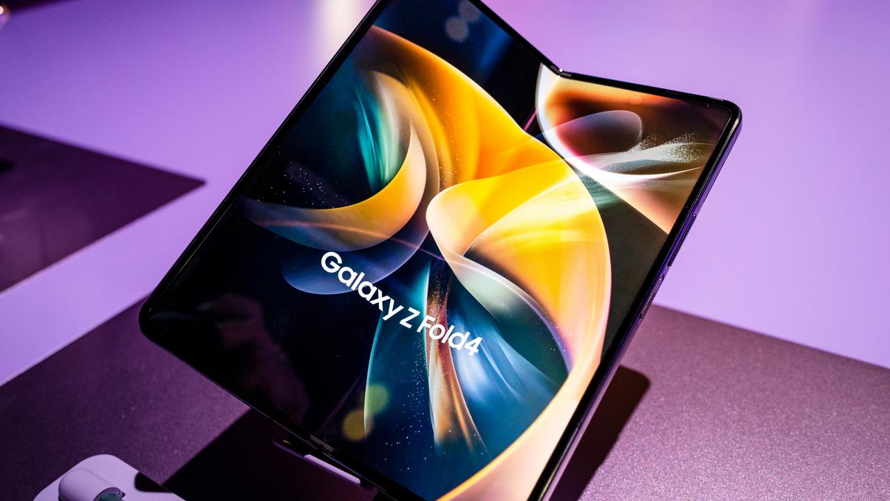 Samsung's fourth generation folding phone, the Galaxy Z Fold4, on show at a New York event. Picture: Jennifer Dudley-Nicholson