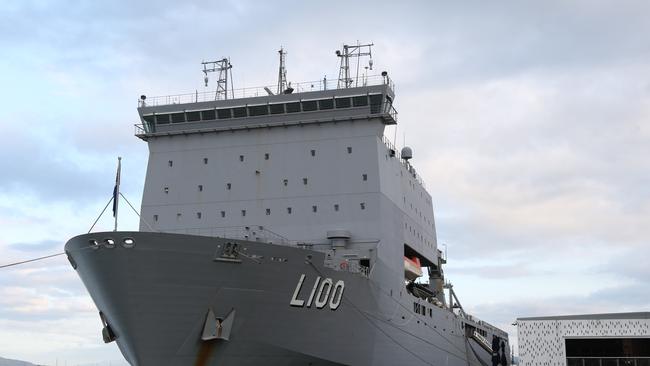 The 16,000 tonne, 176 metre long amphibious landing ship HMAS Choules docked in Cairns. One in six vessels in Australia over 15m are serviced in Cairns. Picture: Brendan Radke