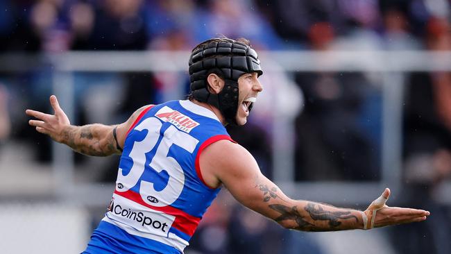 BALLARAT, AUSTRALIA - AUGUST 25: Caleb Daniel of the Bulldogs celebrates a goal during the 2024 AFL Round 24 match between the Western Bulldogs and the GWS GIANTS at Mars Stadium on August 25, 2024 in Ballarat, Australia. (Photo by Dylan Burns/AFL Photos via Getty Images)