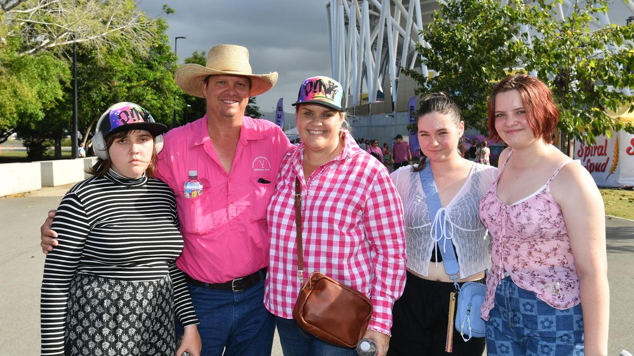 Socials at Pink convert at Townsville's Queensland Country Bank Stadium. Dakota Kruckow, Cameron Kruckow, Tammy Kruckow, Hana Vale and Kadence Kruckow. Picture: Evan Morgan