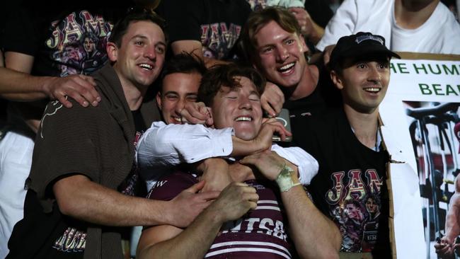 SYDNEY, AUSTRALIA - JULY 14: Jamie Humphreys of the Sea Eagles celebrates with supporters during the round 19 NRL match between Manly Sea Eagles and Newcastle Knights at 4 Pines Park on July 14, 2024 in Sydney, Australia. (Photo by Jason McCawley/Getty Images)