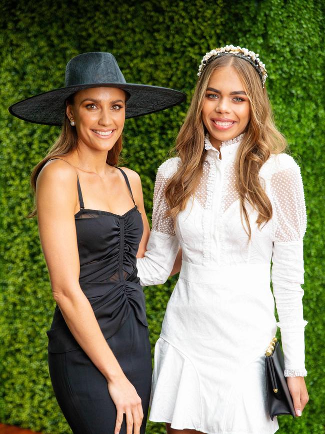 Myer ambassadors Rachael Finch and Sarsha Chisolm aren’t letting the dreary conditions dampen their enthusiasm. Picture: Mark Stewart