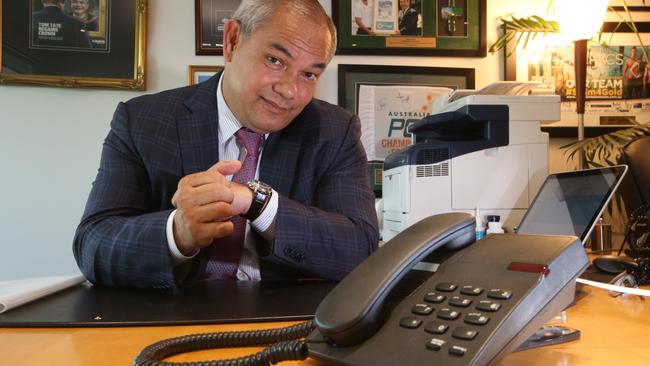 Mayor Tom Tate waits by his phone for a call from The Prime Minister Scott Morrison or Opposition Leader Bill Shorten to pledge the extra money needed fro stage three of the Light Rail. Picture: Glenn Hampson