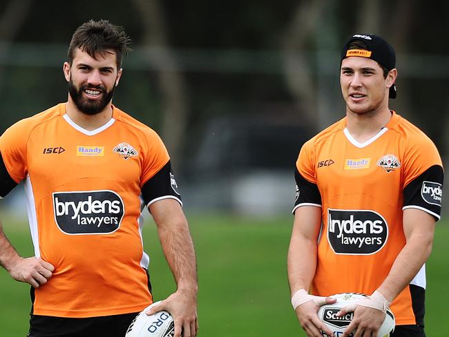 Former teammates James Tedesco and Mitchell Moses. Picture: Brett Costello