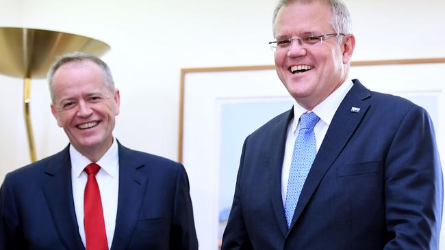 Scott Morrison and Bill Shorten earlier today. Picture: Getty Images.