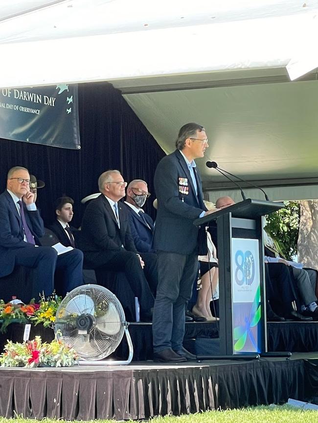 Chief Minister Michael Gunner at the 80th anniversary of the Bombing of Darwin. Picture: Floss Adams