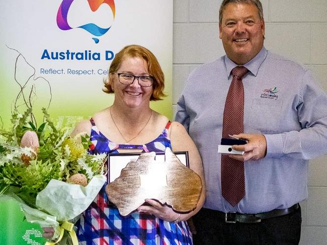 Collinsville Citizen of the Year Ann-Marie Williamson receives her award from Whitsunday Mayor Andrew Willcox at the Australia Day Awards Presentation. Photo: Elyse Wurm