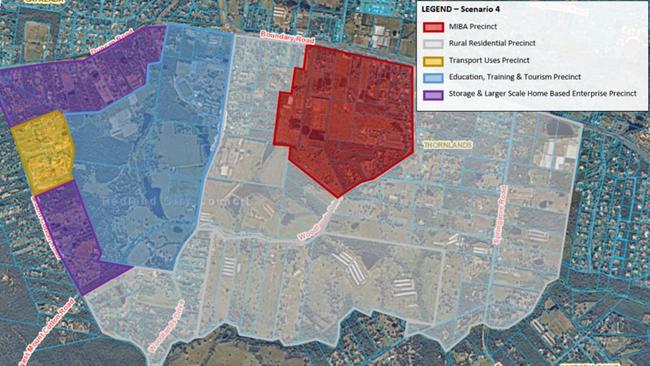 Council's preferred land use for southern Thornlands with red for mixed industry and business; grey for rural residential; yellow for transport; blue for education and purple for larger scale home-based enterprises.