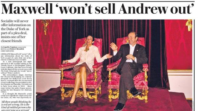 The front page of Britain’s The Daily Telegraph with a picture of Ghislaine Maxwell sitting on the coronation throne at Buckingham Palace alongside Kevin Spacey. Picture: The Daily Telegraph