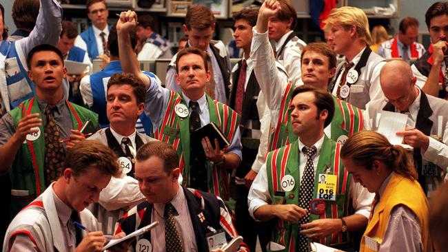 Anxious traders on floor of Futures Exchange building in Sydney.