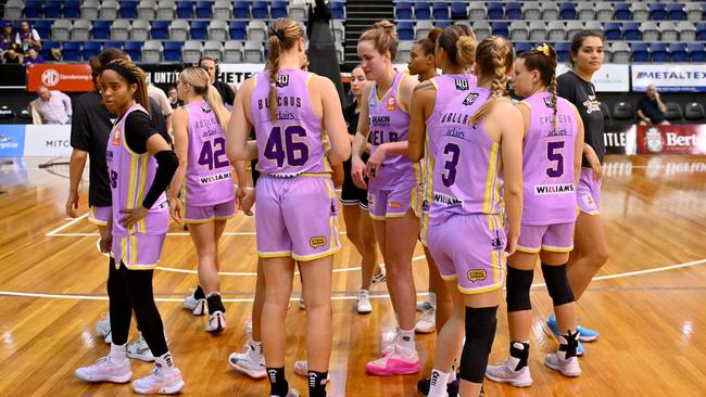 MELBOURNE, AUSTRALIA - FEBRUARY 28: Boomers players react following the WNBL match between Southside Flyers and Melbourne Boomers at Melbourne Sports Centres - Parkville, on February 28, 2024, in Melbourne, Australia. (Photo by Morgan Hancock/Getty Images)