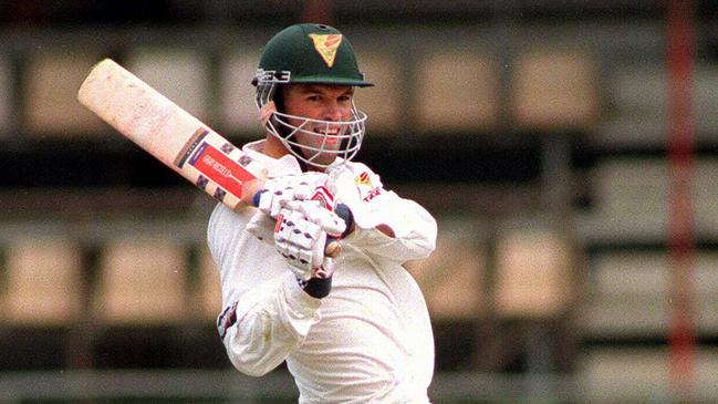 Dene Hills on his way to century during the Sheffield Shield match between Tasmania and Victoria at Bellerive Oval in 1997.