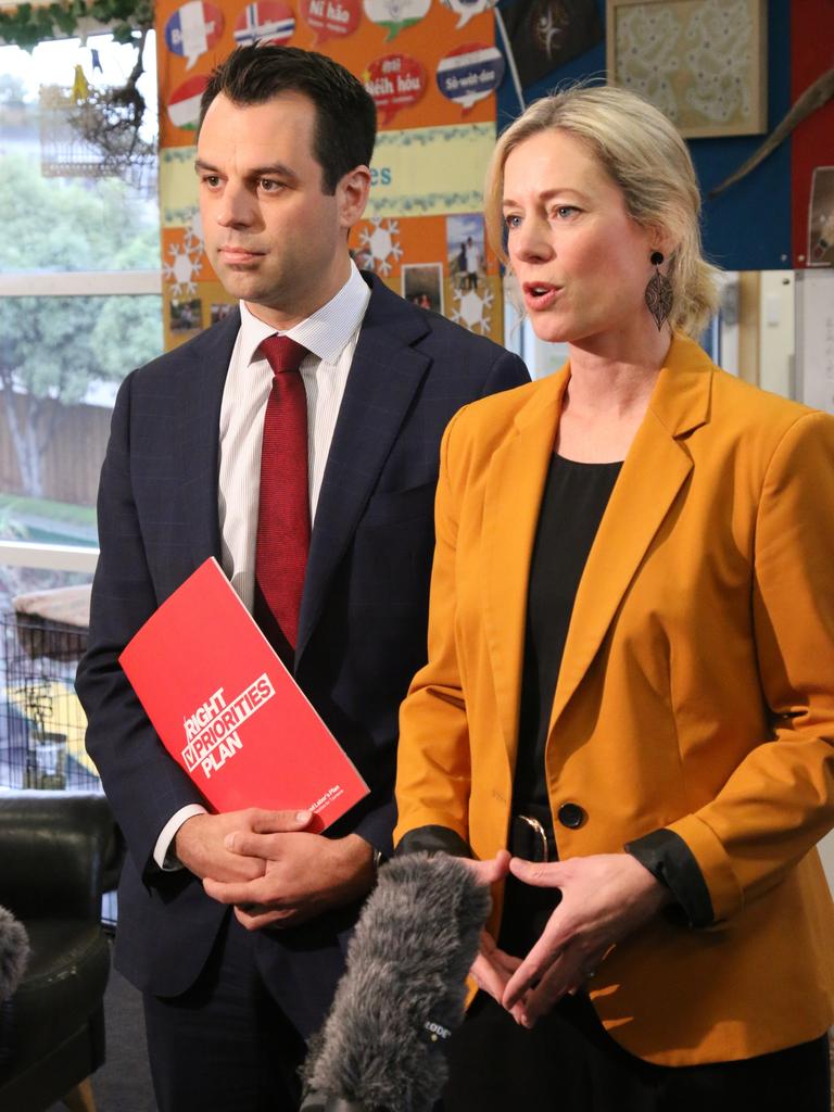 Labor's Josh Willie and Rebecca White speak to the media at Ocean View Child Care Centre in Blackman's Bay on Monday, July 10, 2023.