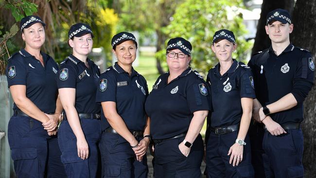 Six of Townsville’s 10 Vulnerable Persons Unit officers. (From left) Constable Donna Voss, Constable Holly Young, Senior Constable Rowena Hujbert, Sergeant Elise Feltham, Senior Constable Emily Lyons and Senior Constable Ryan Power. Picture: Shae Beplate.