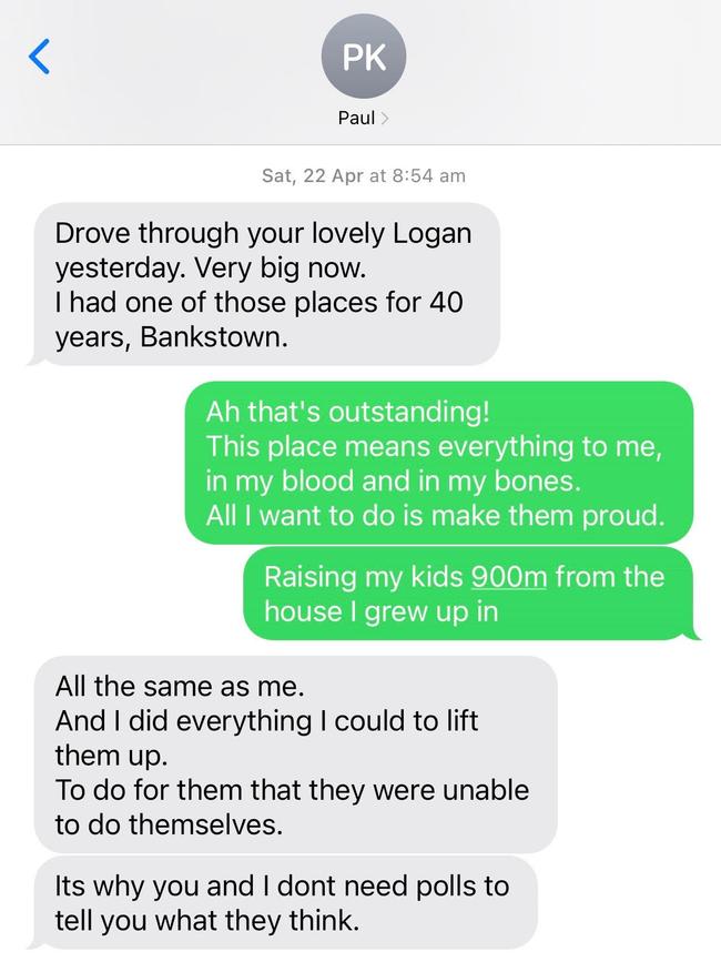 A text message exchange between Treasurer Jim Chalmers and former Prime Minister Paul Keatng.