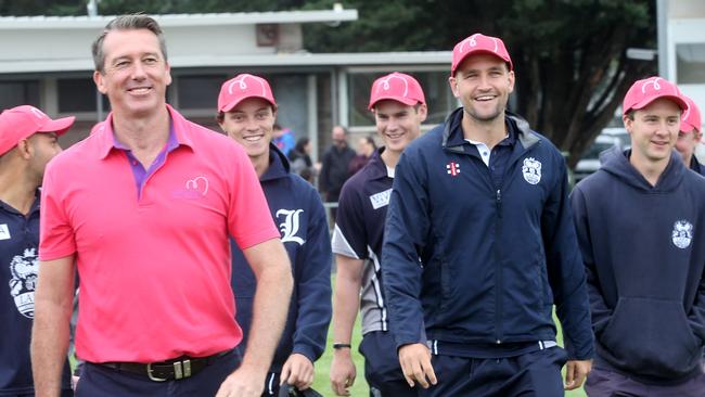 Glenn McGrath presented both Lara and Bell Post Hill players with playing caps. picture: Glenn Ferguson