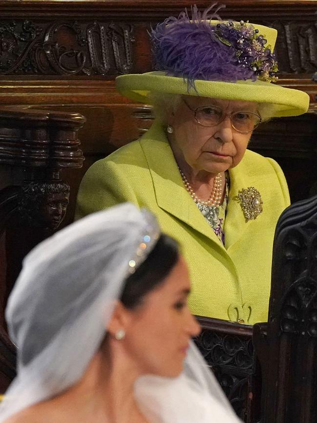 The Queen looks on during the wedding ceremony of Prince Harry and Meghan Markle in 2018.