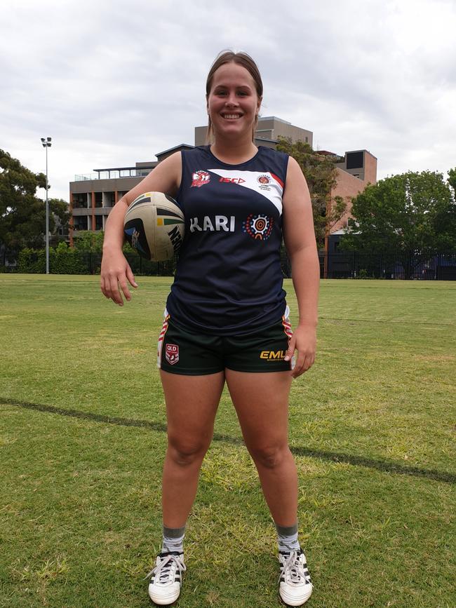 Mabel Park State High School women's rugby league player Keilee Joseph in her Roosters training gear.