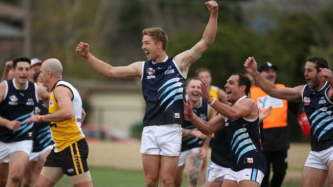 Leigh Kimpton of Silvan kicks his 100th goal for the season on Saturday. Photo: Hamish Blair