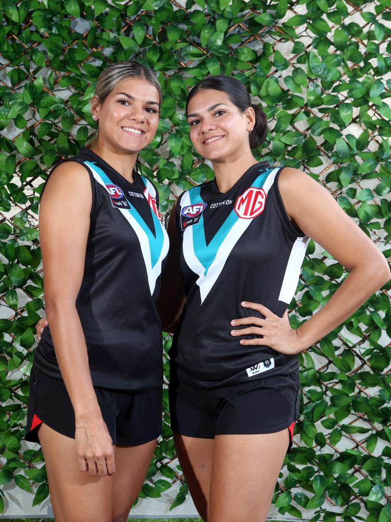 Port Adelaide’s latest AFLW signings are the nieces of former Power forward Che Cockatoo-Collins, twins Laquoiya (right) and Litonya Cockatoo-Motlap. Picture: Richard Gosling