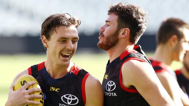 Jake Lever and Mitch McGovern at training. Picture: Sarah Reed