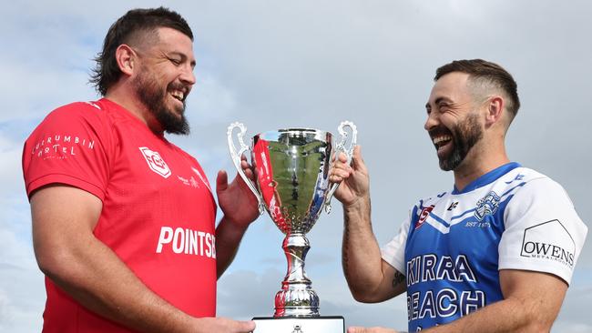 Currumbin A-Grade captain Jarrod Gill and Tugun A-Grade captain Will Johnstone ready to do battle for the trophy in the Rugby League Gold Coast grand final. Picture Glenn Hampson