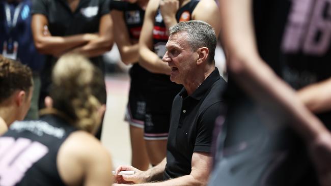 SYDNEY, AUSTRALIA - FEBRUARY 27:  Flames head coach Guy Molloy speaks to players in a time out during game two of the WNBL Semi Final series between Sydney Flames and Bendigo Spirit at Quay Centre, on February 27, 2025, in Sydney, Australia. (Photo by Matt King/Getty Images)