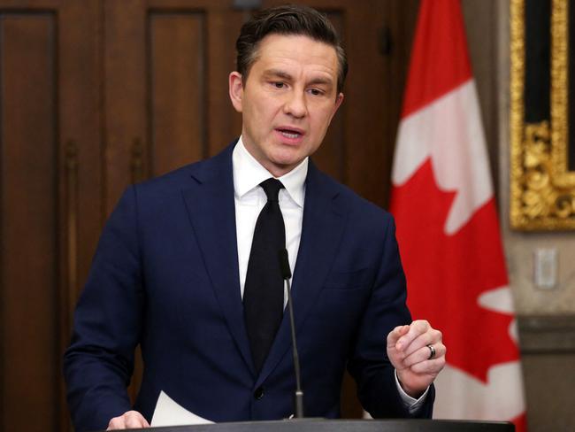 Canadian Conservative Party leader Pierre Poilievre speaks during a news conference on Parliament Hill on December 16, 2024 in Ottawa. Deputy Prime Minister Chrystia Freeland in a surprise announcement on Monday quit over disagreements with Justin Trudeau on Canada's response to US President-elect Donald Trump's tariff threats. (Photo by Dave Chan / AFP)