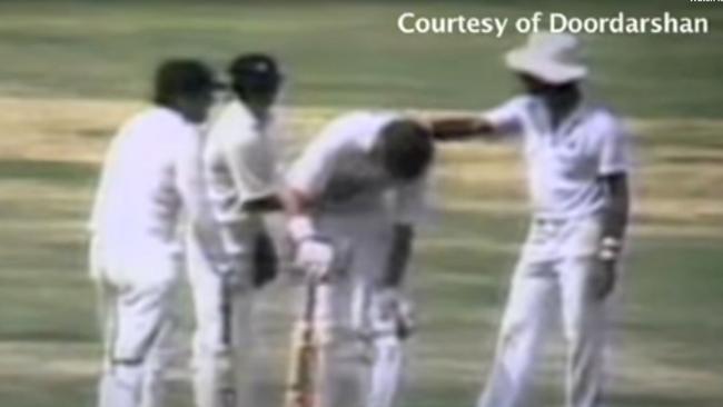 Indian players show concern at Dean Jones’s obvious distress out in the middle. Picture: Cricket Australia/YouTube